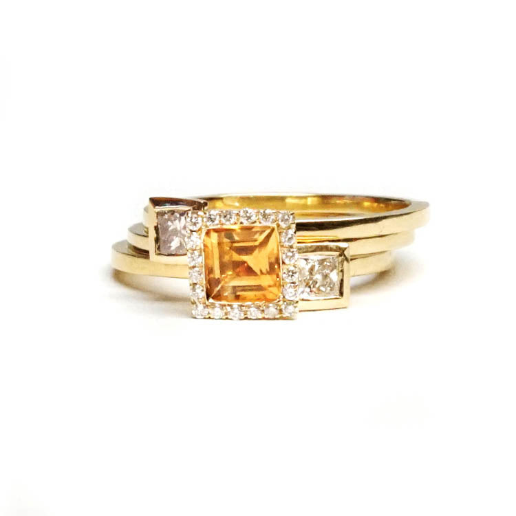 18K Yellow Gold- Square Citrine solitaire Ring and matching rings. Fine jewelry