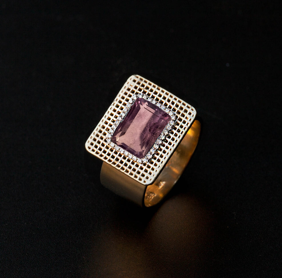 14k-  Unique Square Amethyst Diamonds Ring, 