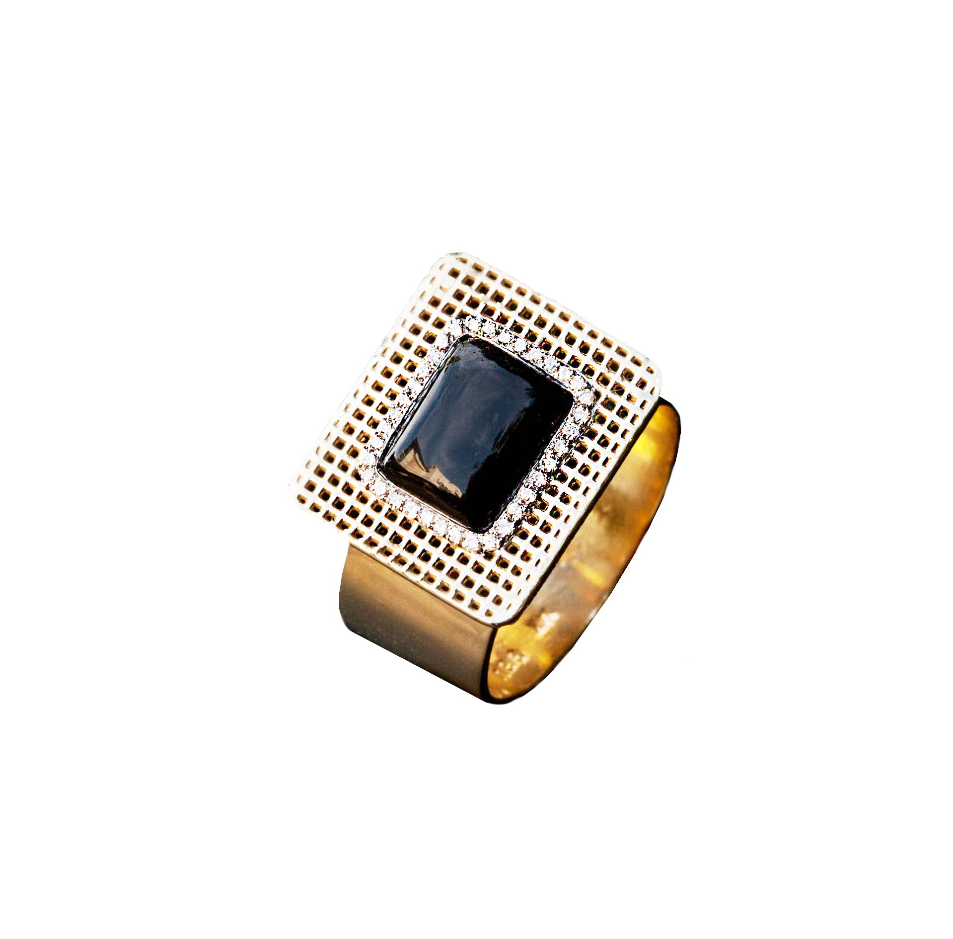 14K - Contemporary Square Onyx Diamonds Ring