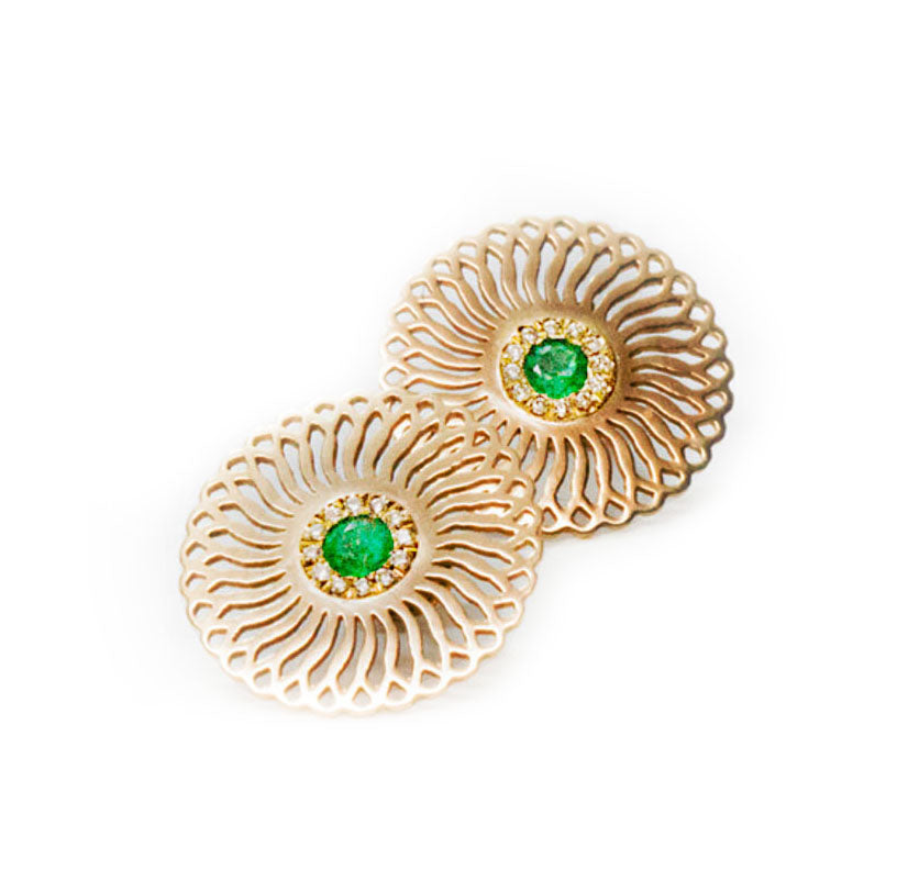 18K yellow gold- Emerald and diamonds Sunflower statement Stud Earrings