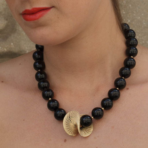 14K Black Onyx Beaded Unique Necklace, Twisted Disk