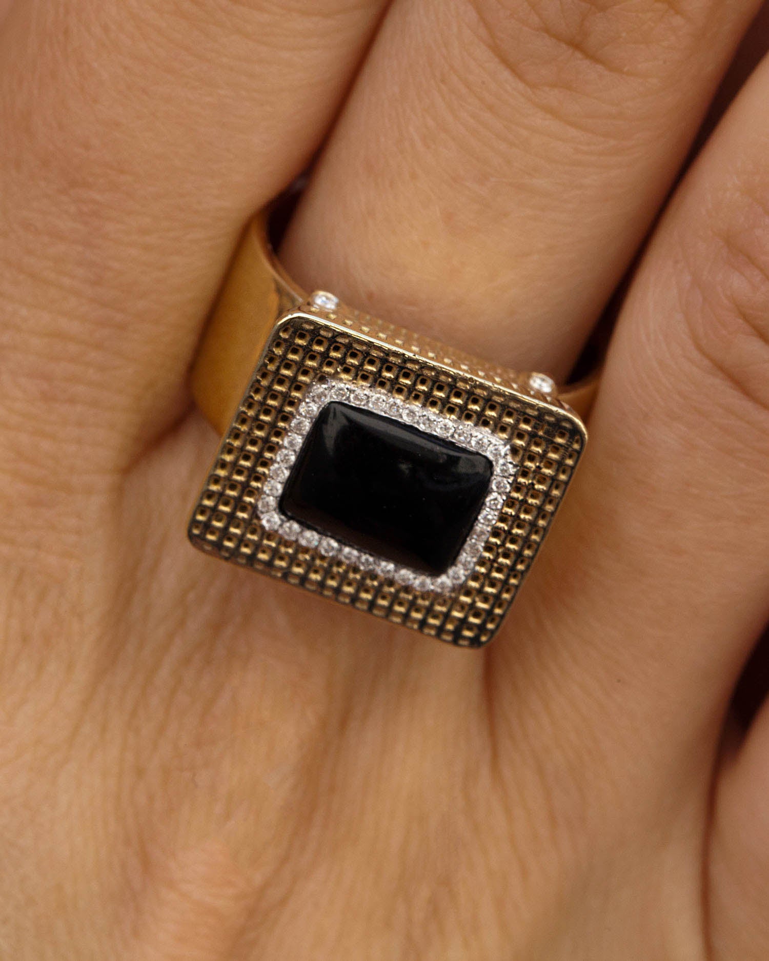 14K - Modern Square Onyx Diamonds Ring