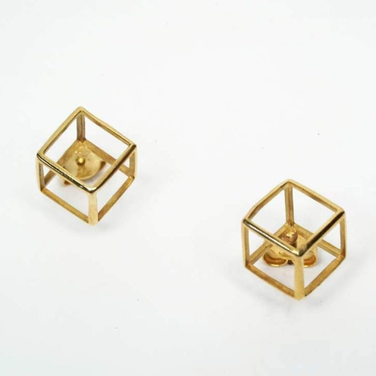 18k yellow gold - Contemporary Geometric Stud Cube Earrings