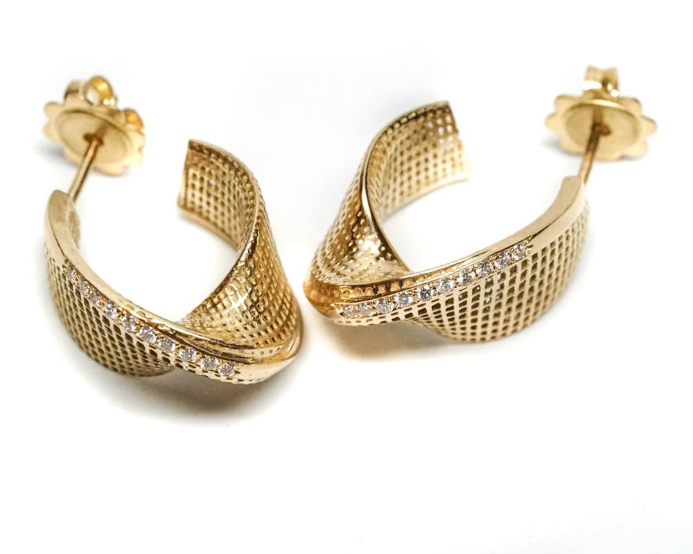18K yellow gold- Diamonds Small Mobius Unique Earrings -pave diamonds line