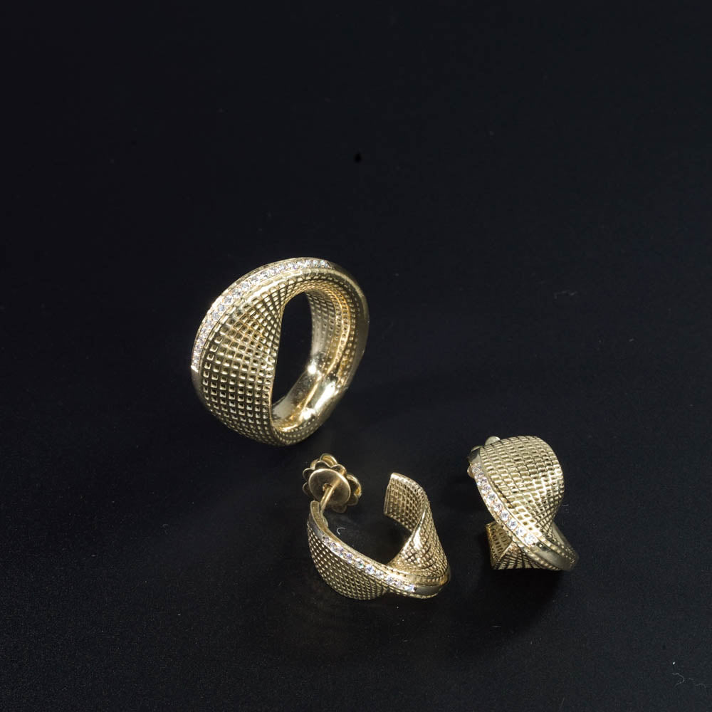 set of 18K yellow gold- Diamonds Small Mobius Earrings -pave diamonds line+ring