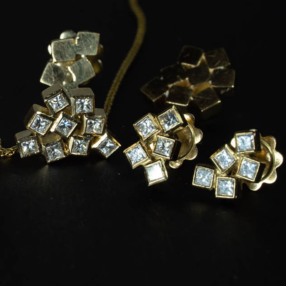 18K yellow gold - Squares Cluster unique Pendant & matching earrings