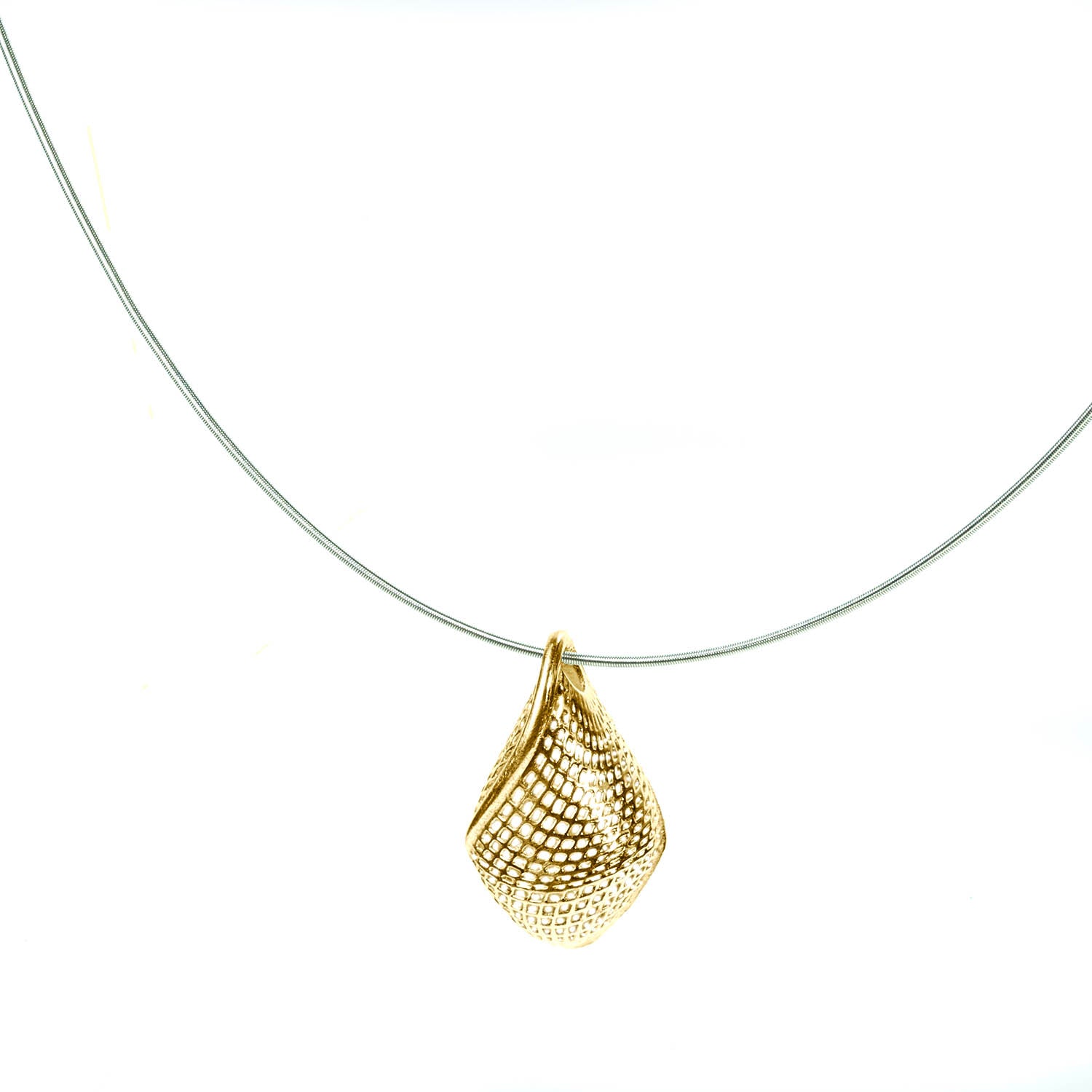 18k yellow gold - Unique Contemporary, Statement, basket Pendant on SS coil