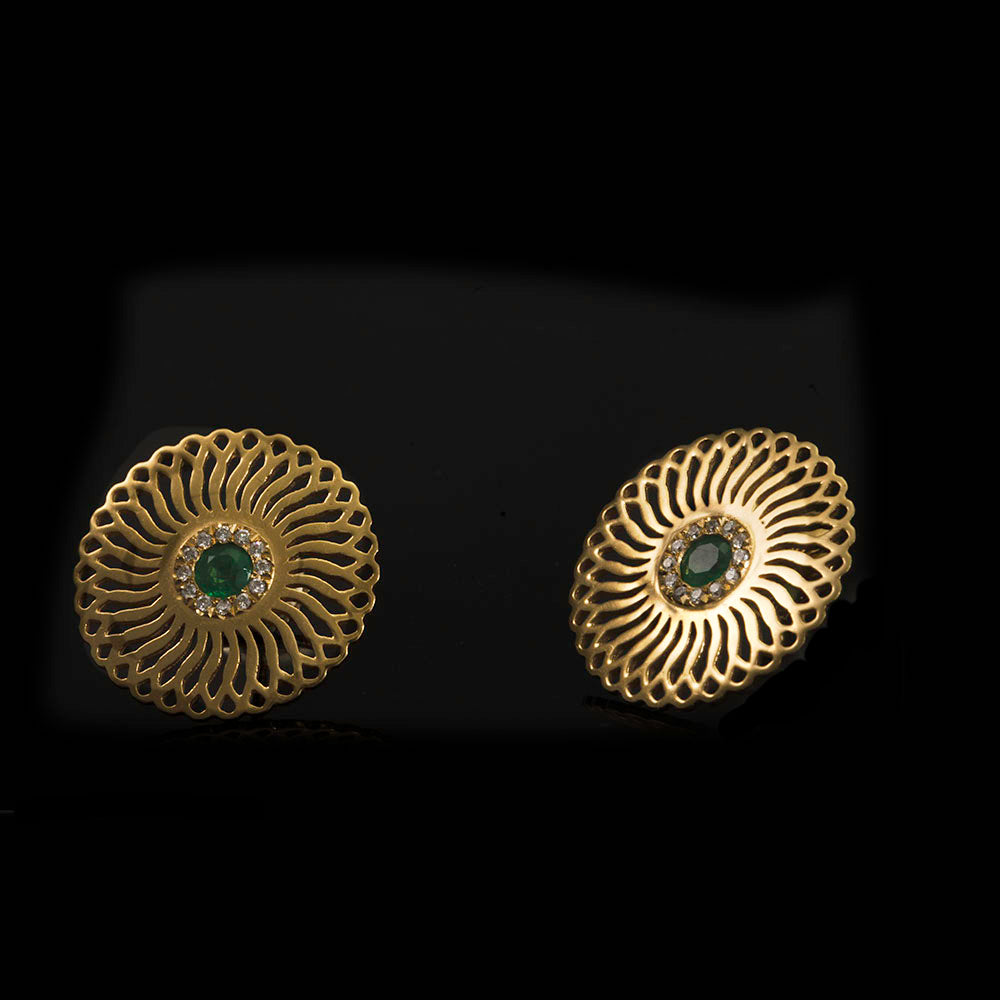 18K - Emerald and diamonds Sunflower Stud Earrings