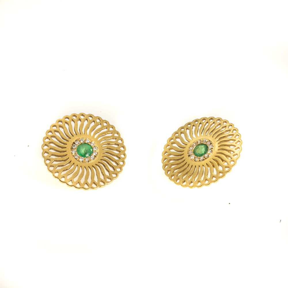 18k - Emerald and diamonds Sunflower Stud Earrings