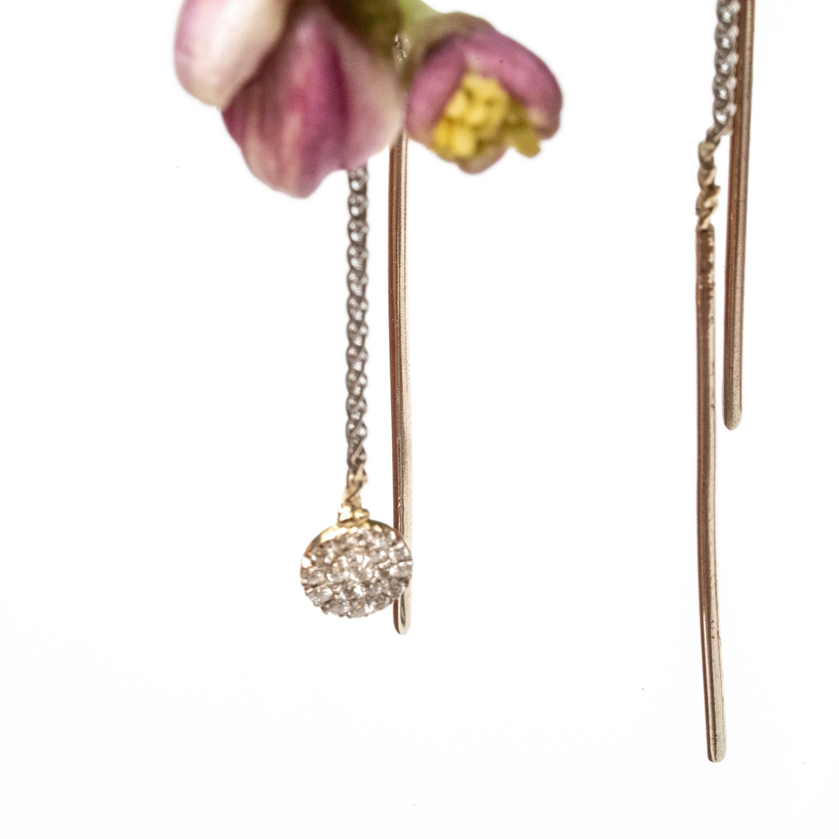 18k - Diamonds Small round Disk chain Earring-ONE EARRING -handmade jewelry