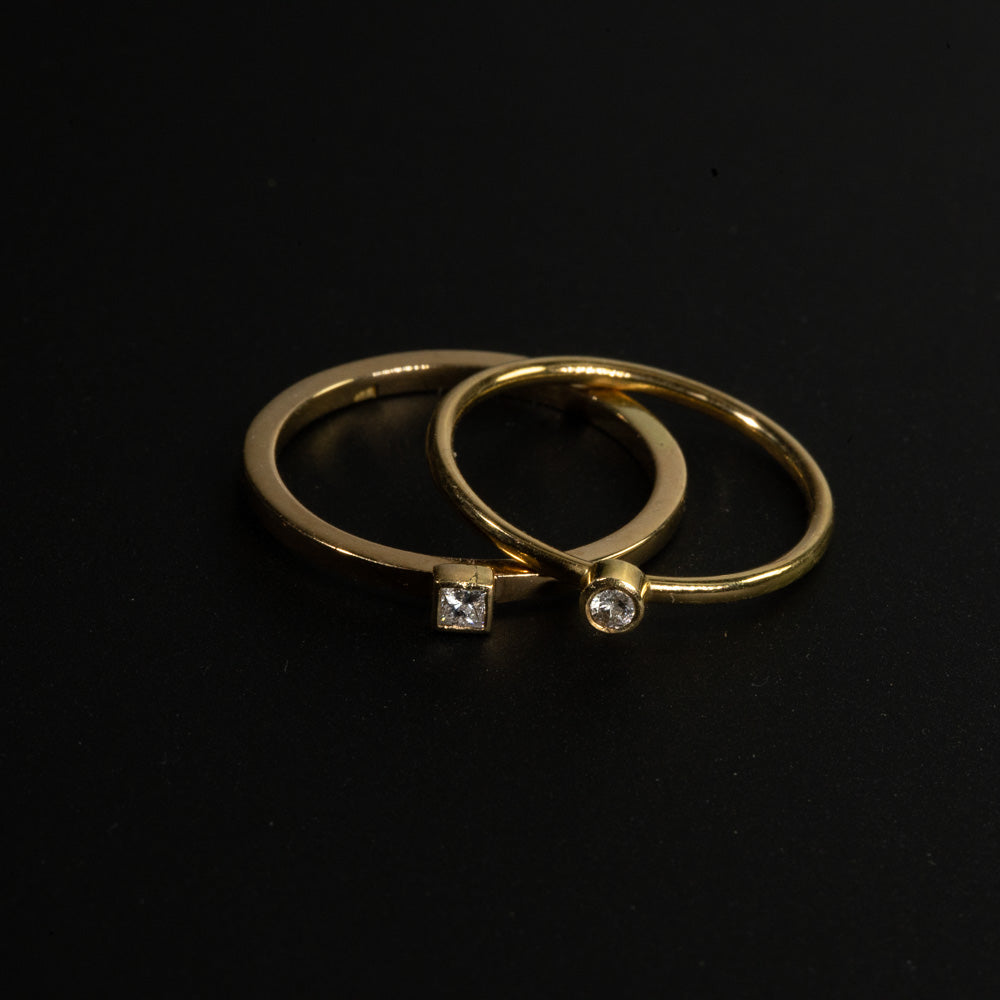 2 18KT Yellow gold Princess Solitaire Diamond Dainty Ring