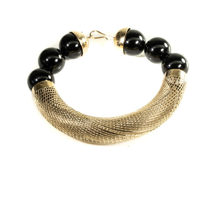 14k - Modern Bangle Net Bracelet - Onyx Beads