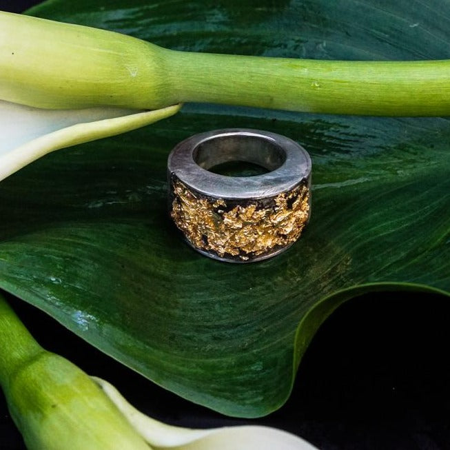 Sterling Silver ring - Golden leaves- Black Cement