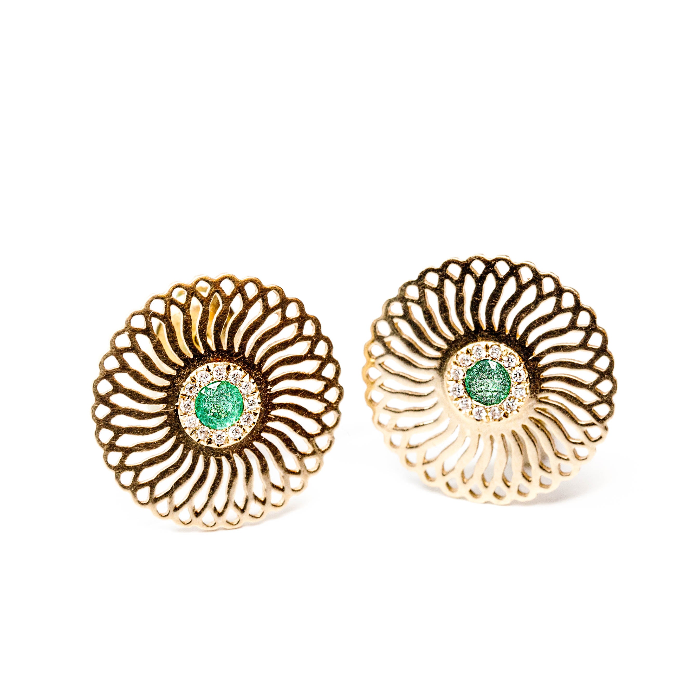 18K yellow gold- Emerald and diamonds Sunflower unique Stud Earrings
