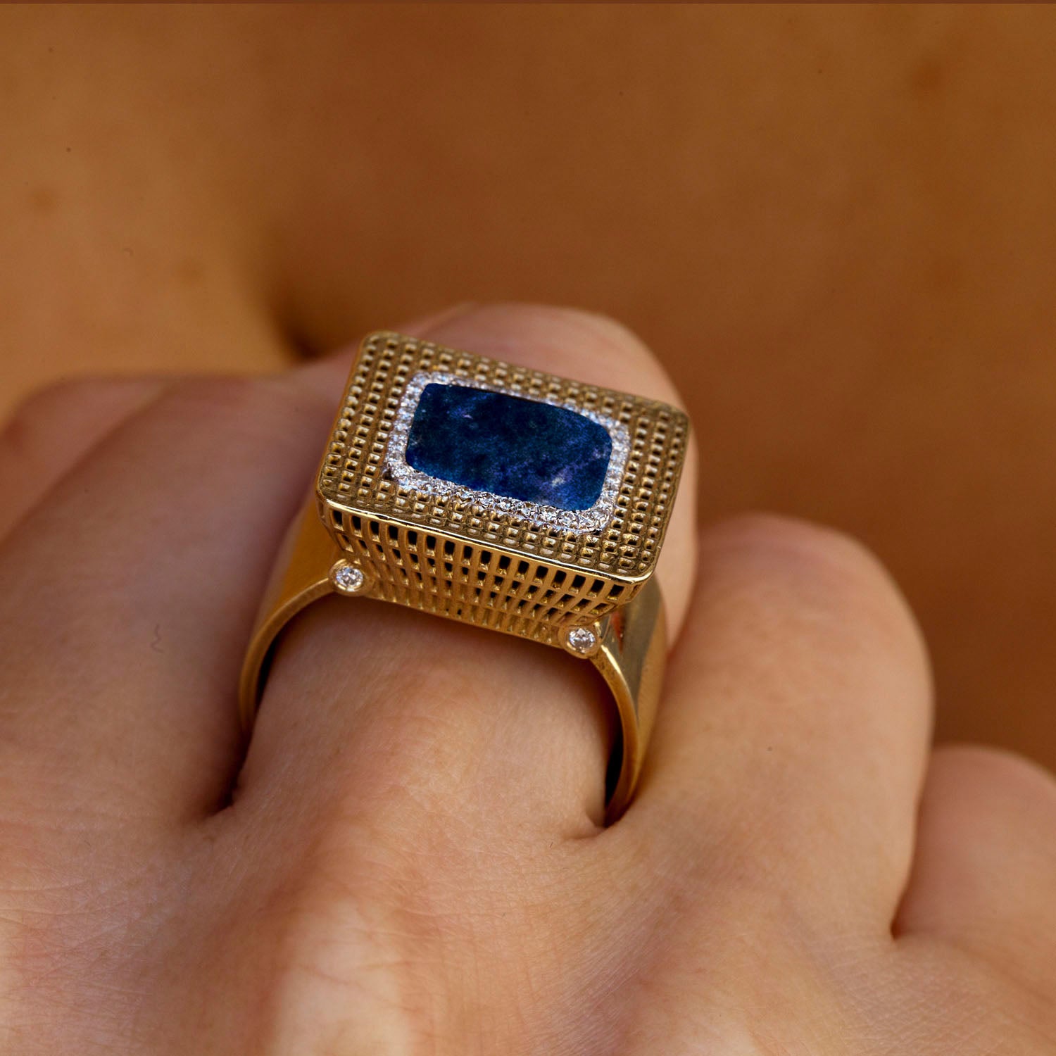 14K-  Unique Square Lapis Lazuli Diamonds Ring