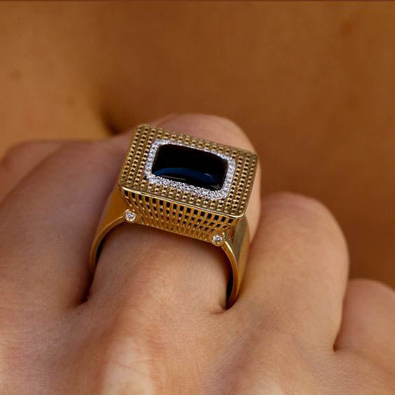 14K - Statement Square Onyx Diamonds Ring