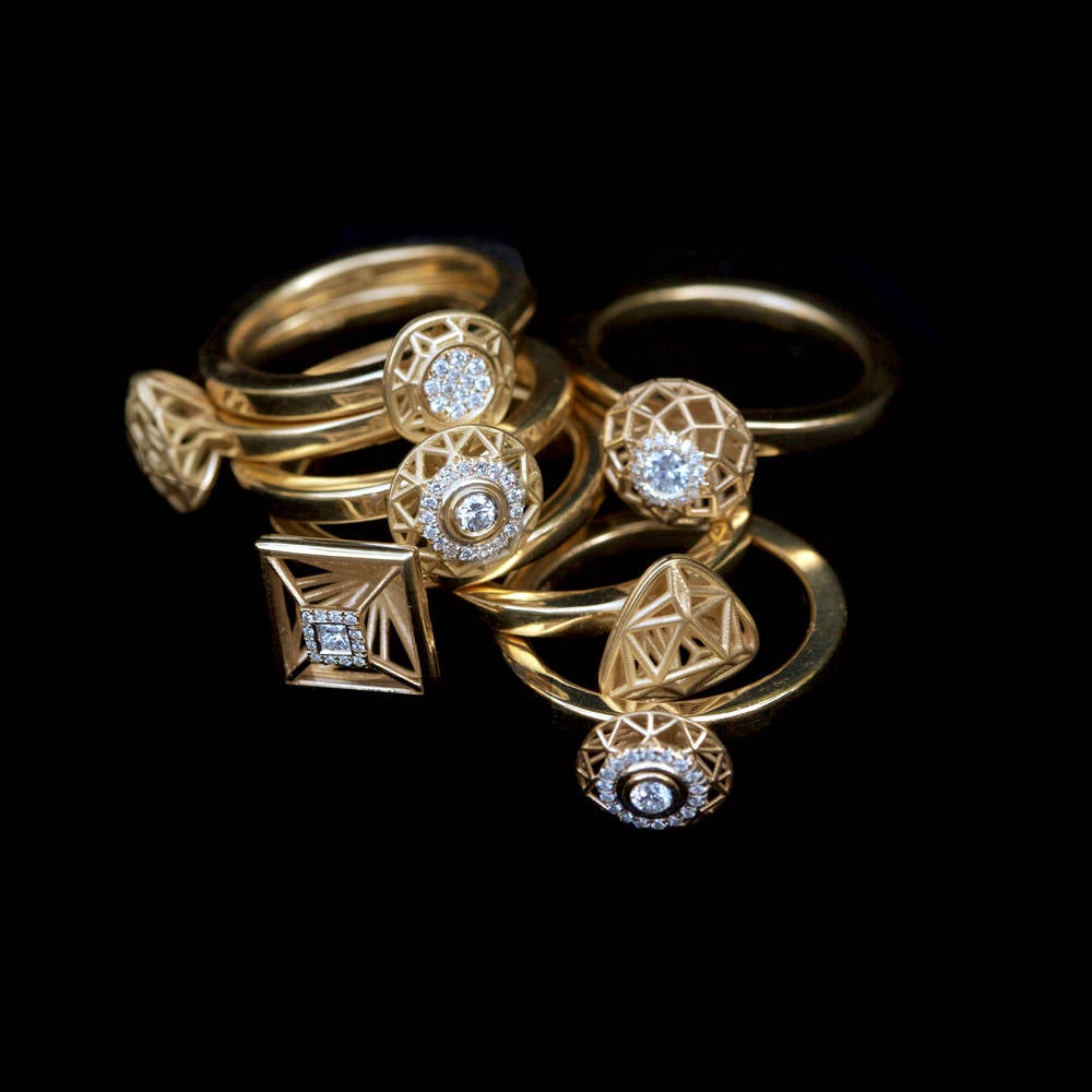 collection of diamond shape 18K yellow gold uniue rings- Fine Jewelry