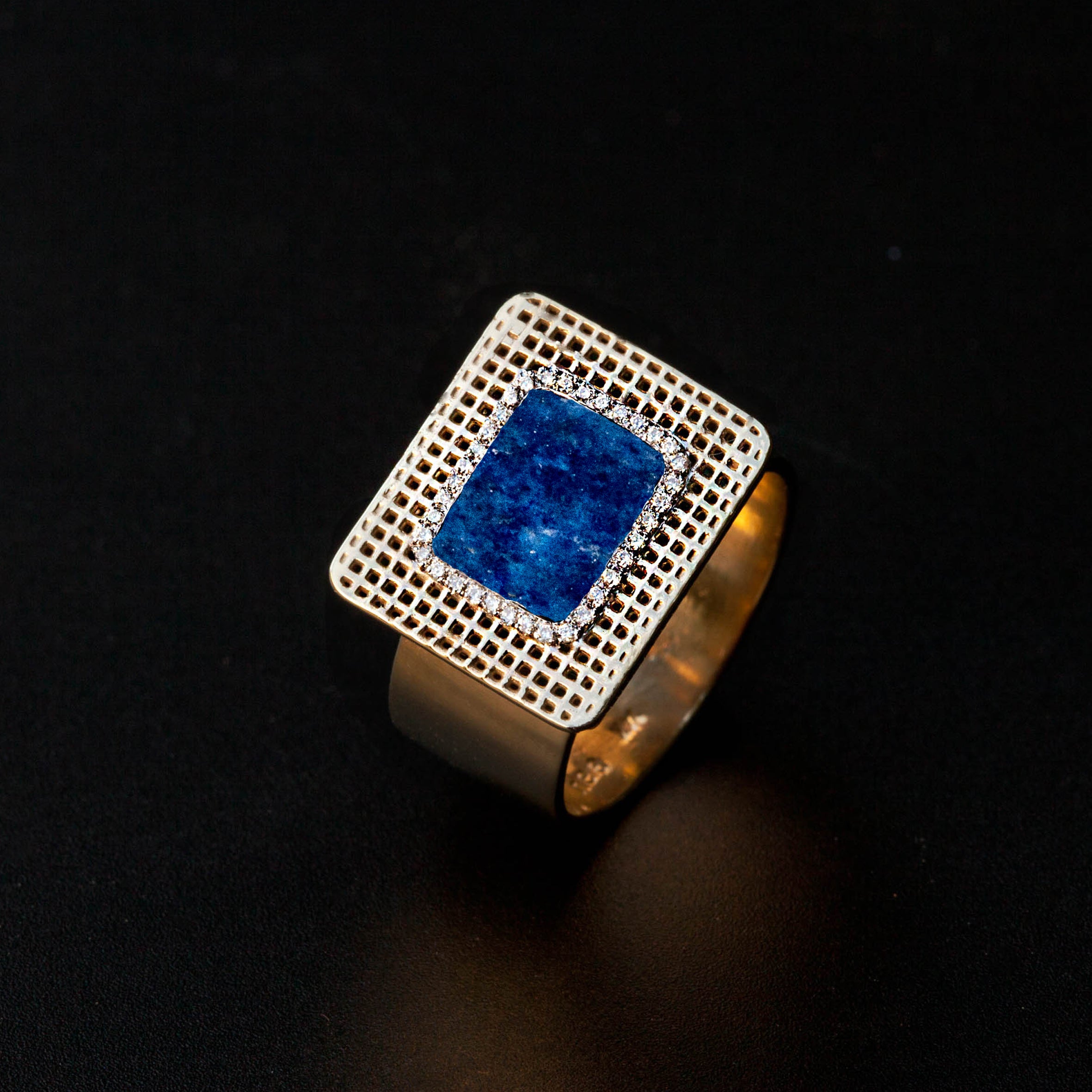 14K-  Unique Square Lapis Lazuli Diamonds Ring